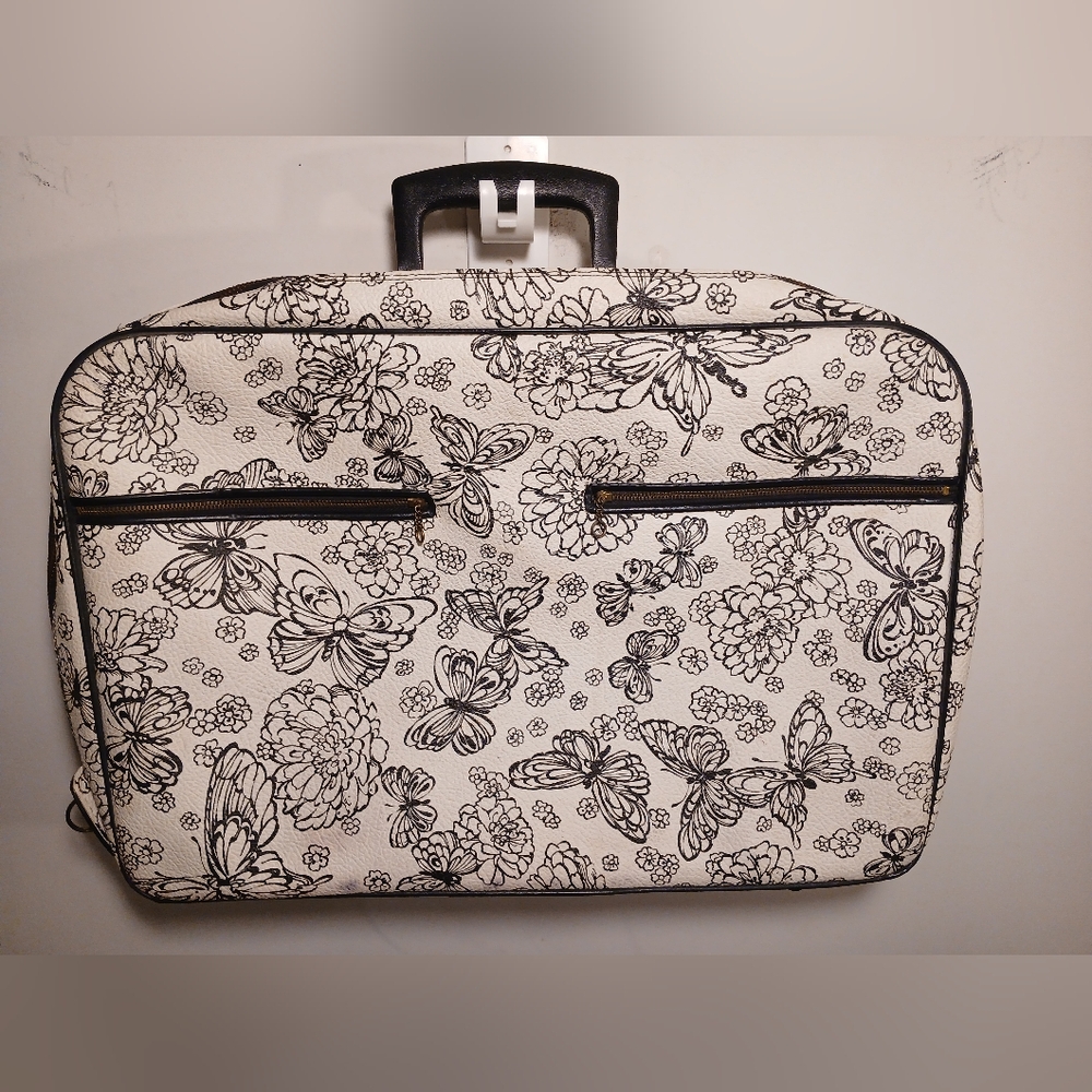Vintage Black and White Butterfly and Flower Print Travel Bag